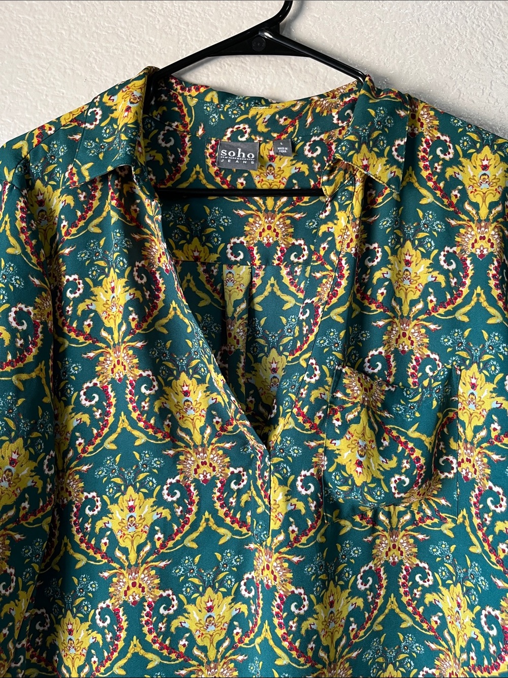 New York & Company Green Floral Medallion V-Neck Tunic Boho Sz L Office TC0592 - Picture 6 of 8